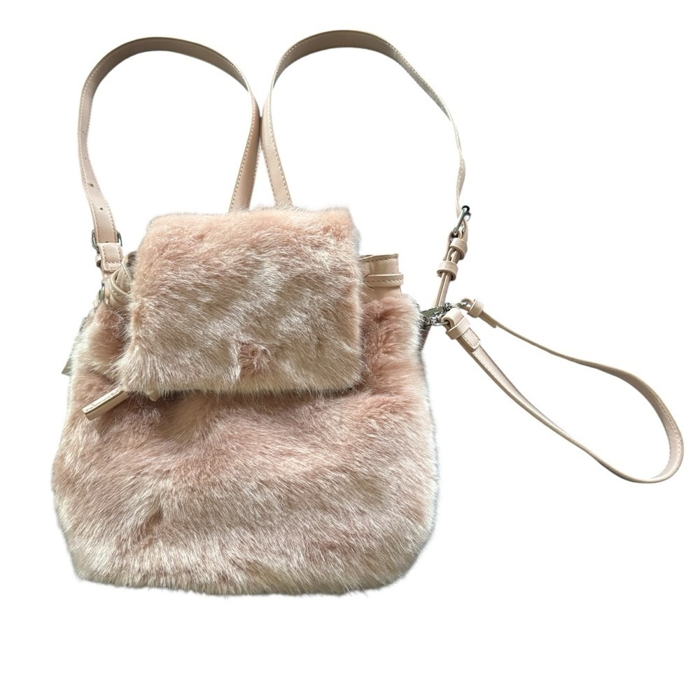Zara Pink Faux Fur Fuzzy Pink Back Pack Faux Leather Pockets Wristlet NEW